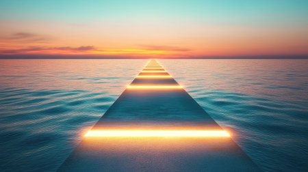 A breathtaking scene of a tranquil pathway stretching over calm water, illuminated by soft lights leading to a vibrant sunset horizon. Ideal for conveying peace.の素材