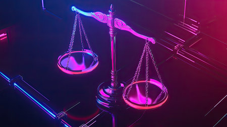 A striking representation of scales of justice illuminated in neon hues, set against a sleek background. This abstract image conveys balance and law in a modern aesthetic.の素材