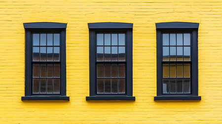 This image features three distinct windows with black frames set against a vibrant yellow brick wall, showcasing modern architecture and vivid color contrast.の素材