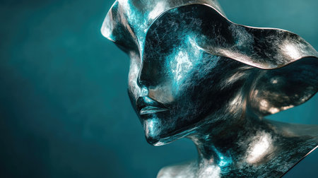 This stunning abstract sculpture captures a woman's face, showcasing flowing lines and a metallic texture. The piece reflects light beautifully, creating an elegant and modern art form.の素材