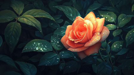 A stunning orange rose blossom adorned with dewdrops rests among lush green leaves, creating a serene atmosphere perfect for nature lovers and floral enthusiasts.の素材
