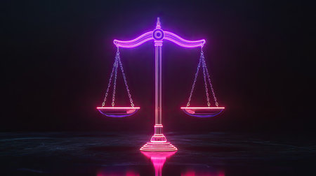This neon design of scales of justice stands out in a dark background, symbolizing balance and fairness with a modern artistic twist, ideal for legal themes.の素材