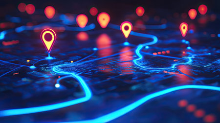 A vibrant digital map featuring neon location pins against a dark backdrop. The design highlights travel destinations, showcasing urban navigation and modern technology.の素材