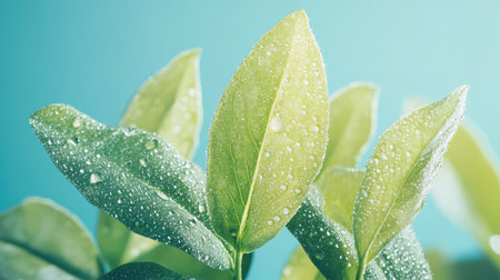 Close-up of vibrant green leaves adorned with water droplets, showcasing the beauty of nature. This image captures freshness and tranquility in a soft background.の素材