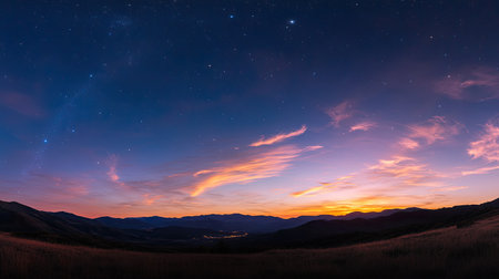 Experience a breathtaking sunset over a serene mountain landscape, illuminated by a starry sky and soft clouds, capturing nature's tranquil beauty.の素材
