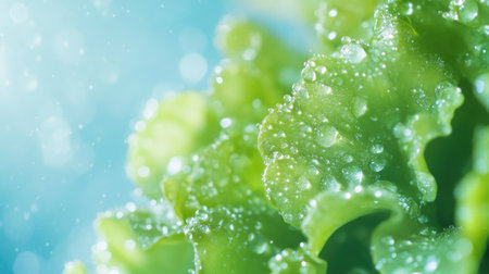 This detailed close-up showcases a fresh green lettuce leaf adorned with water droplets, highlighting the moisture and freshness essential for healthy salads and cooking.の素材