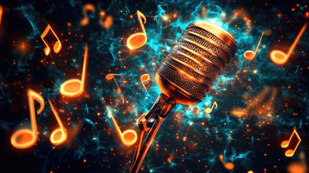 A striking image of a vintage microphone enveloped in colorful musical notes and sparks, symbolizing creativity and the vibrant energy of music. Perfect for artistic projects.の素材
