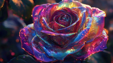 A stunning closeup of a vibrant rose with iridescent petals, showcasing the beautiful colors and delicate textures found in nature's artistry. Perfect for floral themes.の素材