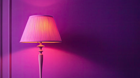 A stylish pink lamp stands elegantly in a vibrant purple room, casting soft, warm light. This image enhances any interior design project with its chic ambiance.の素材