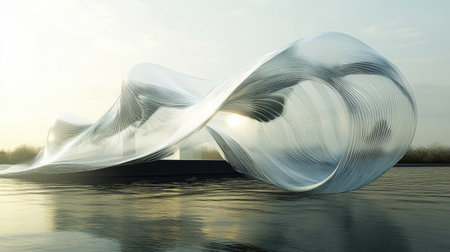 This captivating image features an abstract architectural structure with flowing forms above the water, highlighting creativity and modern design in a serene setting.の素材