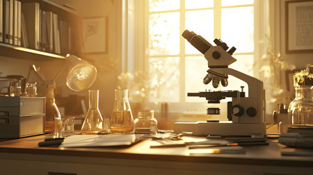 A well-lit science workspace featuring a microscope and various lab equipment. This serene environment encourages exploration and innovation in research and study.の素材