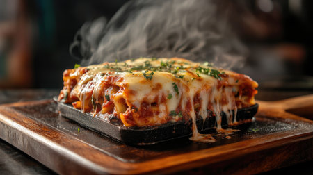 A steaming hot lasagna served on a wooden board, showcasing melted cheese and fresh herbs. Perfect for food lovers seeking comfort and visual appeal.の素材