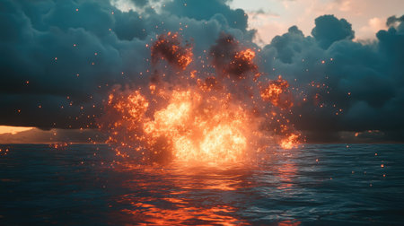 A captivating scene of an ocean explosion, showcasing vibrant fire amidst dark clouds at sunset. The dramatic contrast creates an intense atmosphere.の素材