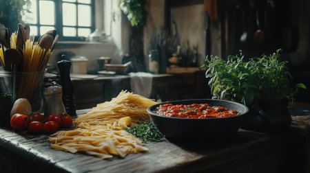 A rustic kitchen scene showcasing fresh ingredients for making traditional Italian pasta. The vibrant colors of tomatoes, herbs, and pasta invite culinary creativity and home cooking joy.の素材