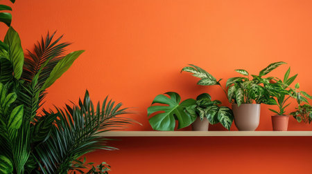 Brighten your space with vibrant indoor plants displayed on a shelf against a bold orange wall. This arrangement brings life and color to any room.の素材
