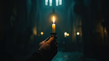 A hand holds a solitary candle, illuminating a dark gothic church. The warm glow creates an intimate atmosphere, enhancing the sense of spirituality and mystery.の素材