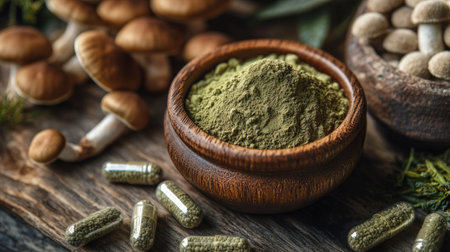 Explore the beauty of natural herbal powder and capsules alongside fresh mushrooms in a rustic setting. Perfect for health and wellness themes.の素材