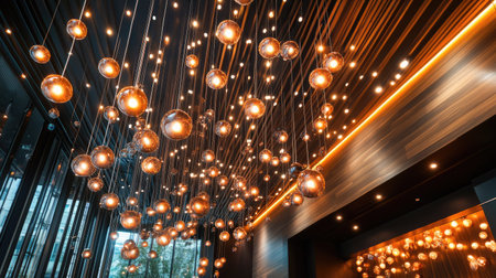 Discover a stunning display of modern pendant light fixtures, enhancing a stylish interior ambiance. This artistic arrangement creates a warm and inviting atmosphere.の素材
