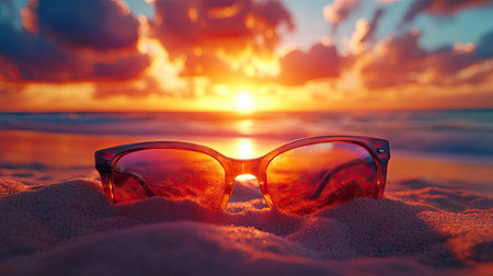 A pair of stylish sunglasses rests on soft beach sand as a vibrant sunset casts warm colors across the sky and ocean, creating a serene atmosphere.の素材