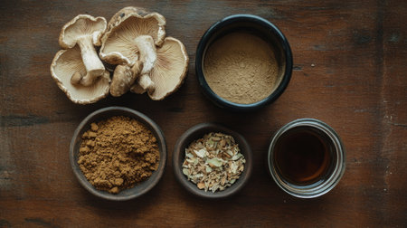 A beautiful overhead view of various natural ingredients, including mushrooms and spices, arranged on a rustic wooden table, perfect for culinary and health-focused projects.の素材