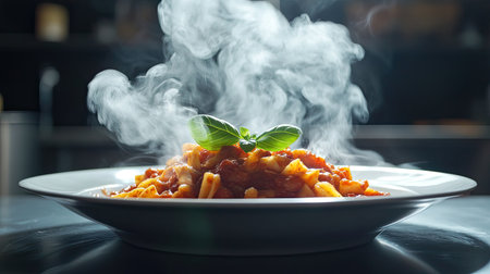 A steaming plate of gourmet pasta garnished with fresh basil, showcasing the rich flavors and inviting aroma of Italian cuisine, perfect for food lovers.の素材