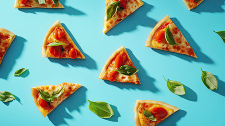 A vibrant arrangement of delicious pizza slices topped with fresh basil and tomatoes on a bright blue background, perfect for food lovers and culinary enthusiasts.の素材