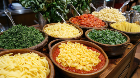 A vibrant display of fresh ingredients including various pastas, sauces, and herbs, perfect for creating authentic Italian dishes in a rustic kitchen setting.の素材