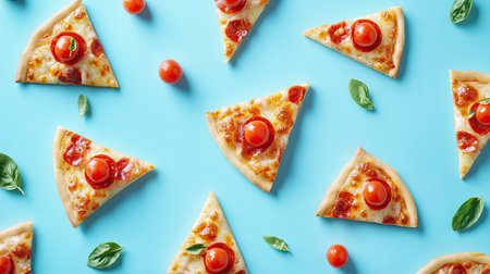 Enticing arrangement of pizza slices garnished with cherry tomatoes and basil on a vibrant blue background, perfect for food enthusiasts and culinary projects.の素材