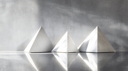 Three modern pyramid shapes create a striking visual on a reflective surface, embodying minimalist design and artistic elegance in interior decor.の素材