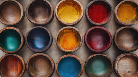 A stunning array of colorful wooden bowls arranged neatly, each filled with vibrant natural pigments. Perfect for art projects or home decor inspiration.の素材