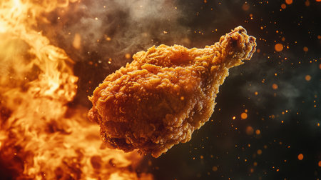 A vibrant and enticing image of a crispy fried chicken drumstick surrounded by flames and smoke, showcasing the perfect blend of heat and flavor for food lovers.の素材