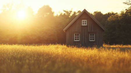 A serene wooden house stands alone in a golden field during sunset, surrounded by lush greenery. This peaceful landscape captures the essence of tranquility and simplicity.の素材
