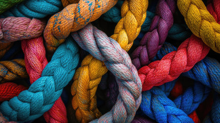 A vivid collection of braided ropes showcasing a stunning array of colors and textures. This abstract composition highlights craftsmanship and creativity.の素材