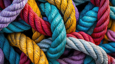 A captivating close-up of colorful twisted ropes creating a beautiful vibrant pattern. This texture showcases the artistry and craftsmanship of intertwined fibers.の素材