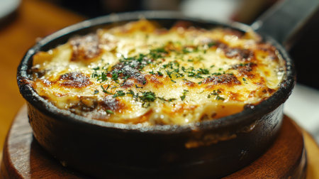 This image showcases a delicious baked dish featuring creamy cheese, a crispy topping, and vibrant herbs, perfect for comfort food lovers and gourmet enthusiasts.の素材