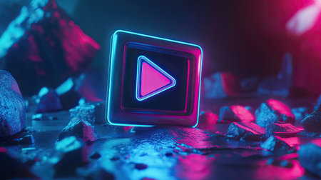 A striking neon play button rests among rugged stones, creating an eye-catching and colorful scene perfect for themes of technology and entertainment.の素材