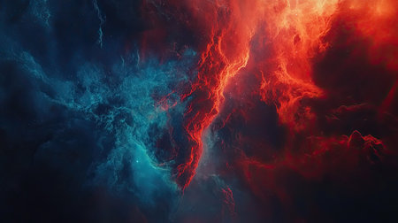 Stunning abstract image showcasing a cosmic cloud bursting with vibrant red and blue hues. This visually captivating background evokes a sense of mystery and energy.の素材