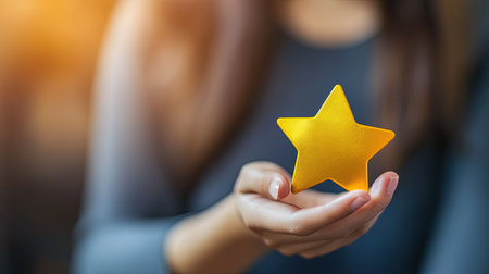 A close-up image of a hand holding a glowing golden star, symbolizing achievement and success, against a soft blurred background that conveys warmth and inspiration.の素材