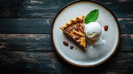 A delightful slice of pecan pie served with a scoop of ice cream and garnished with a fresh mint leaf, set against a rustic wooden backdrop, perfect for dessert lovers.の素材