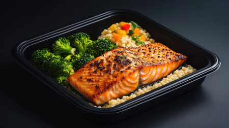This image features a grilled salmon fillet served with broccoli and couscous, showcasing a delicious and nutritious meal ideal for health-conscious dining.の素材