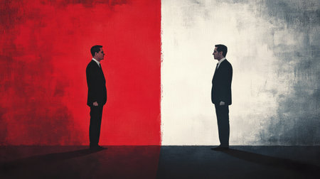 Two businessmen stand centered against a striking red and white backdrop, embodying conflict and contrast in a powerful visual statement about choices.の素材