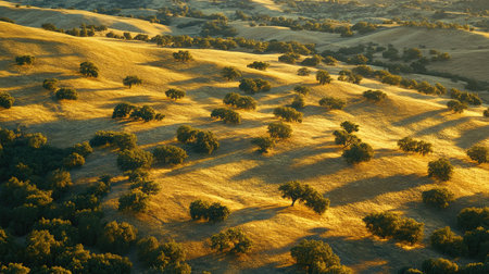A serene view of golden rolling hills adorned with olive trees, capturing the warm glow of sunset. This natural landscape evokes peace and tranquility in nature.の素材
