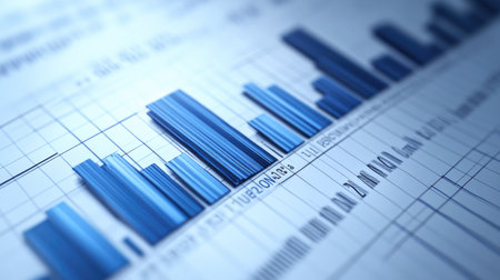 Detailed view of blue financial graphs and charts showcases data analysis and trends on paper, highlighting performance metrics and business insights.の素材