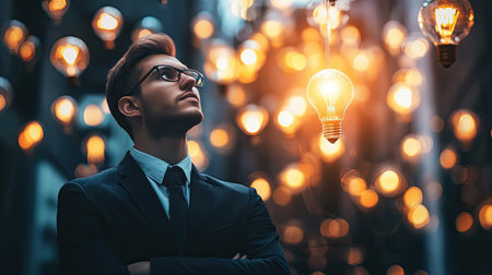 A thoughtful businessman in a formal suit gazes upward amidst glowing lights, creating a modern and inspiring atmosphere perfect for themes of ambition and creativity.の素材
