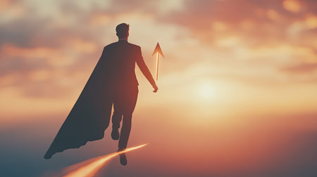 A silhouetted businessman with a cape stands boldly against a vibrant sunset, symbolizing ambition and the pursuit of goals. The upward arrow accentuates a journey towards success.の素材