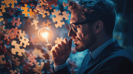 A thoughtful businessman contemplates innovative ideas while surrounded by vibrant puzzle pieces and a glowing light bulb, symbolizing creativity and problem-solving.の素材