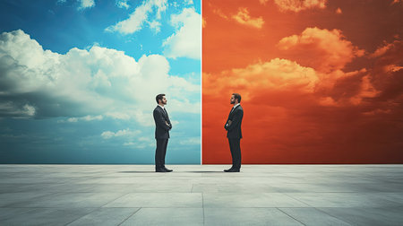 Two businessmen stand facing each other against contrasting skies, representing the themes of conflict and harmony, reflecting choices in professional life.の素材