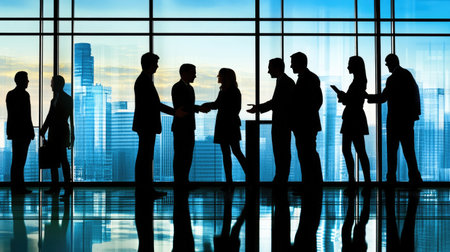 Silhouettes of professionals engage in meetings and networking within a modern office. A stunning skyline view at sunset captures the essence of collaboration and success.の素材