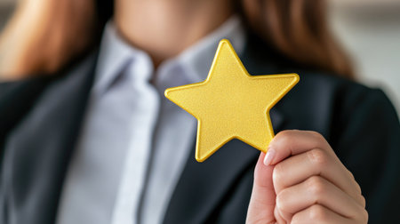 A professional woman holding a gold star award in her hand, symbolizing achievement and recognition in the workplace. Ideal for illustrating success and motivation.の素材