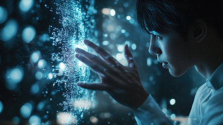 A young person interacts with a glowing digital interface, showcasing fascination and curiosity about technology. The vibrant scene captures imagination and innovation.の素材